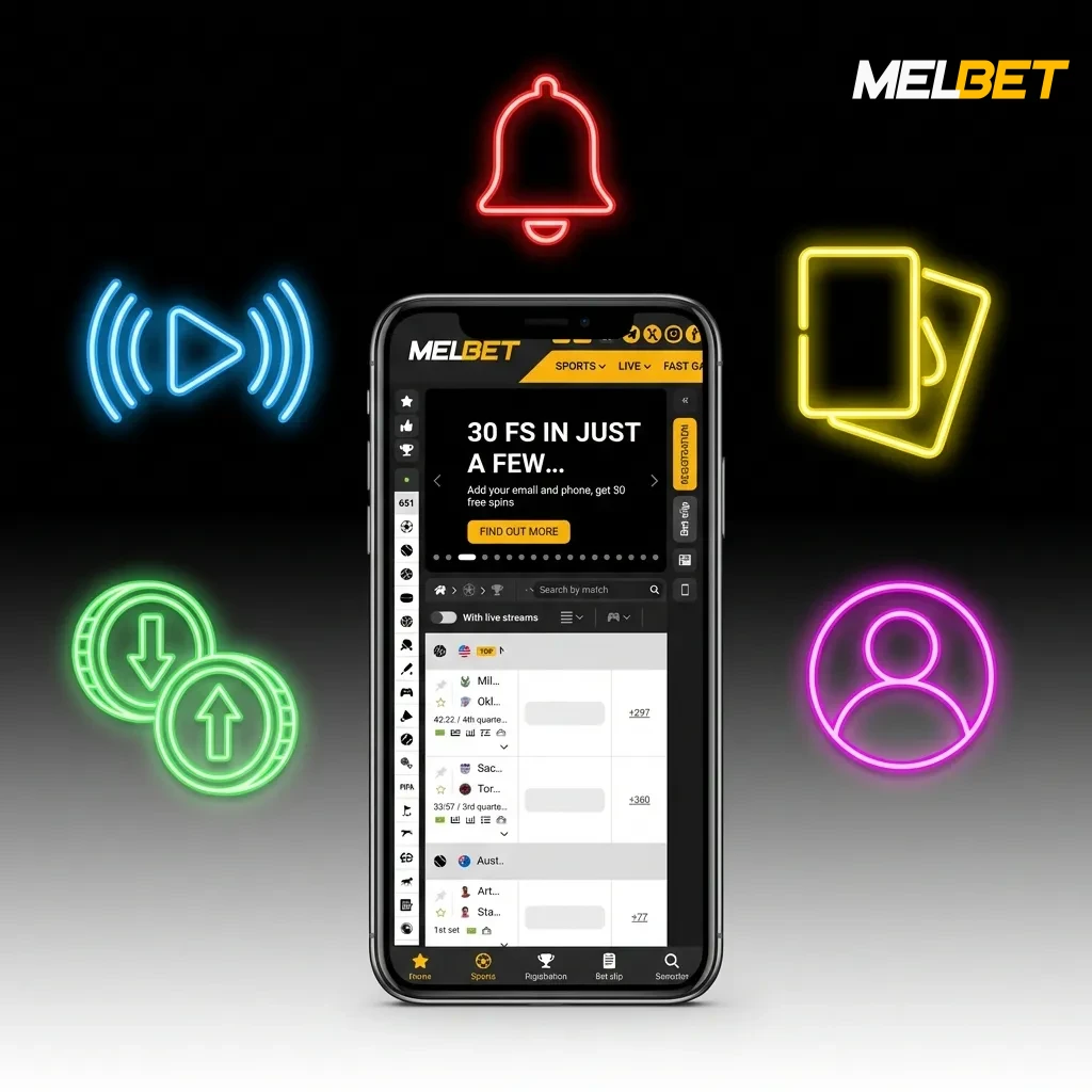 Melbet mobile app interface showing sports betting options, casino games, and payment methods for Indian players