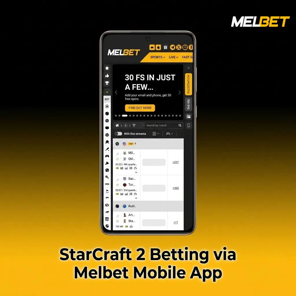 Melbet mobile app open on StarCraft II esports betting markets with live match odds on smartphone screen
